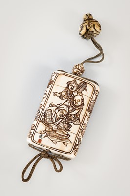Lot 256 - TAKACHIKA: A FINE IVORY THREE-CASE INRO DEPICTING EBISU AND DAIKOKU
