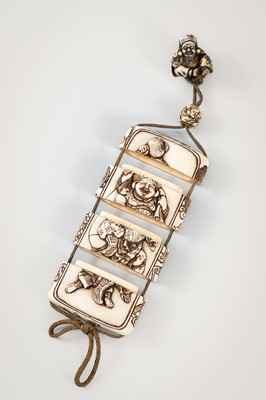 Lot 256 - TAKACHIKA: A FINE IVORY THREE-CASE INRO DEPICTING EBISU AND DAIKOKU
