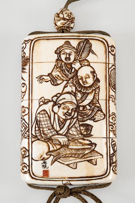 Lot 256 - TAKACHIKA: A FINE IVORY THREE-CASE INRO DEPICTING EBISU AND DAIKOKU