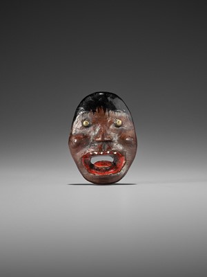 Lot 496 - AN UNUSUAL LACQUERED WOOD REVERSIBLE MASK NETSUKE OF A MONSTROUS HEAD