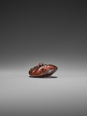 Lot 496 - AN UNUSUAL LACQUERED WOOD REVERSIBLE MASK NETSUKE OF A MONSTROUS HEAD