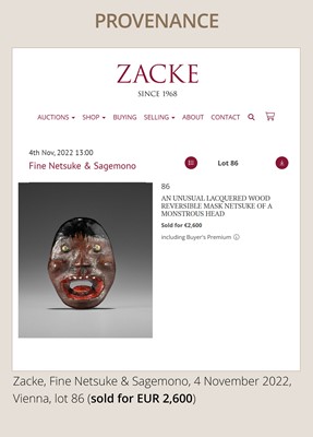 Lot 496 - AN UNUSUAL LACQUERED WOOD REVERSIBLE MASK NETSUKE OF A MONSTROUS HEAD