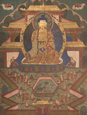 Lot 766 - A LOT WITH TWO LARGE THANGKA DEPICTING BHAISAJYAGURU AND AMITABHA IN TUSHITA HEAVEN