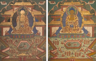 Lot 766 - A LOT WITH TWO LARGE THANGKA DEPICTING BHAISAJYAGURU AND AMITABHA IN TUSHITA HEAVEN