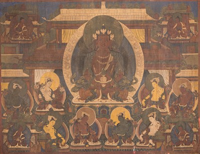 Lot 764 - A LARGE THANGKA DEPICTING BUDDHA AMITAYUS