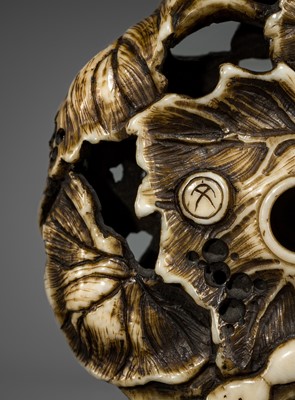 Lot 548 - BUNZAN: A FINE WALRUS TUSK RYUSA MANJU NETSUKE WITH DARUMA AND HYOTAN