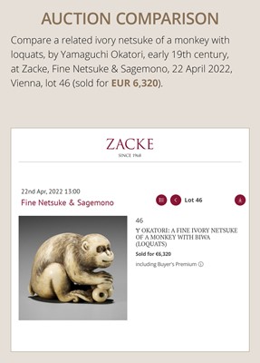 Lot 124 - A FINE KYOTO SCHOOL IVORY NETSUKE OF A MONKEY SCALING A TEMPLE BELL (BONSHO)