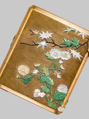 Lot 55 - NANKEI AND MUNEAKI: A SUPERB SHIBAYAMA FOUR-CASE LACQUER INRO WITH MAPLE AND CHRYSANTHEMUMS