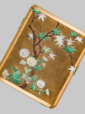 Lot 55 - NANKEI AND MUNEAKI: A SUPERB SHIBAYAMA FOUR-CASE LACQUER INRO WITH MAPLE AND CHRYSANTHEMUMS