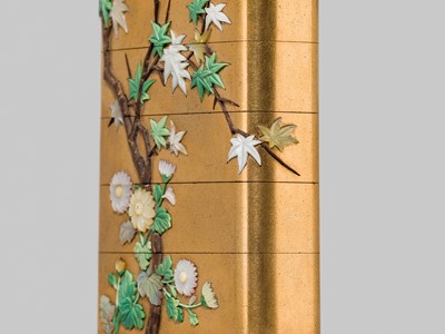Lot 55 - NANKEI AND MUNEAKI: A SUPERB SHIBAYAMA FOUR-CASE LACQUER INRO WITH MAPLE AND CHRYSANTHEMUMS