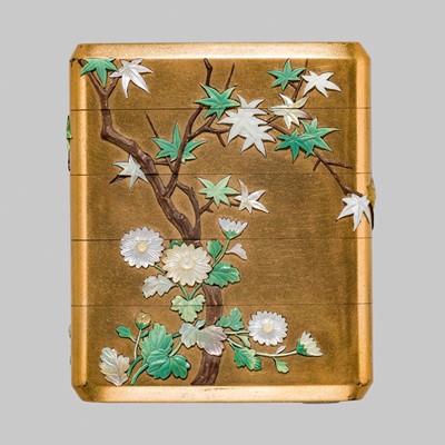 Lot 55 - NANKEI AND MUNEAKI: A SUPERB SHIBAYAMA FOUR-CASE LACQUER INRO WITH MAPLE AND CHRYSANTHEMUMS