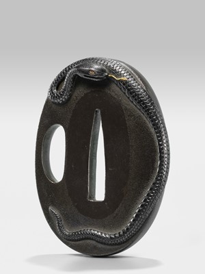 Lot 73 - AN IWAMOTO SCHOOL SHAKUDO TSUBA WITH SNAKE, WITH NBTHK CERTIFICATE