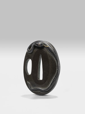 Lot 73 - AN IWAMOTO SCHOOL SHAKUDO TSUBA WITH SNAKE, WITH NBTHK CERTIFICATE