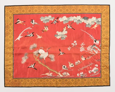 Lot 821 - A FINE EMBROIDERED SILK WALL PANEL WITH BIRDS, LATE QING DYNASTY