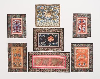 Lot 824 - A GROUP OF SEVEN EMBROIDERED FABRIC PANELS, LATE QING DYNASTY