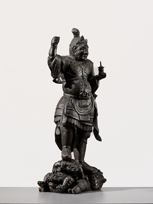 A RARE AND LARGE BRONZE FIGURE OF BISHAMONTEN, EDO PERIOD