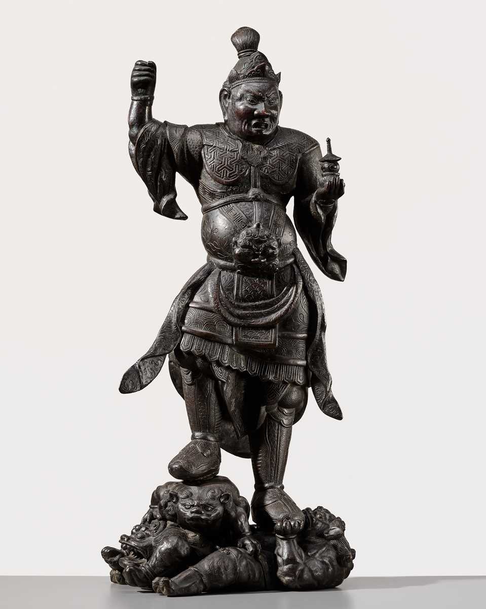 A RARE AND LARGE BRONZE FIGURE OF BISHAMONTEN, EDO PERIOD