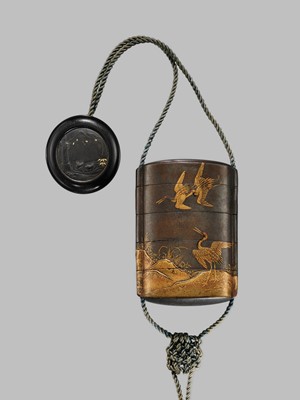 Lot 1405 - A FOUR-CASE SILVER LACQUER INRO WITH CRANES