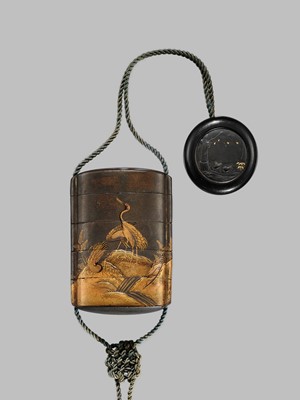 Lot 1405 - A FOUR-CASE SILVER LACQUER INRO WITH CRANES