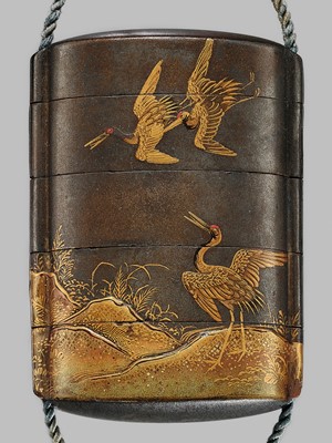 Lot 1405 - A FOUR-CASE SILVER LACQUER INRO WITH CRANES