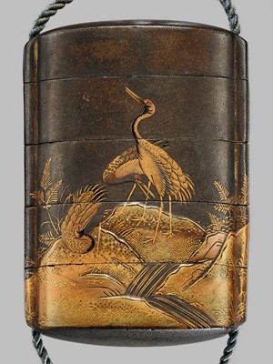 Lot 1405 - A FOUR-CASE SILVER LACQUER INRO WITH CRANES