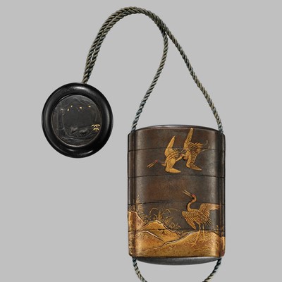 Lot 1405 - A FOUR-CASE SILVER LACQUER INRO WITH CRANES
