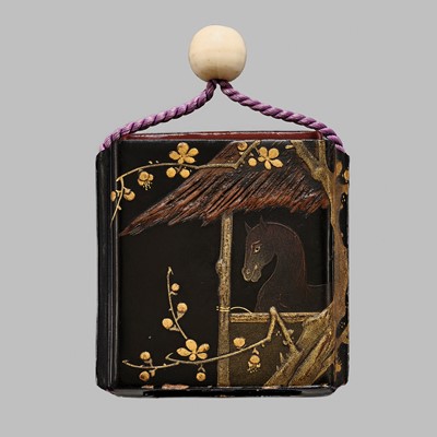 Lot 1412 - AN UNUSUAL LACQUER SAYA (SHEATHE) INRO WITH A HORSE AND CHERRY BLOSSOMS