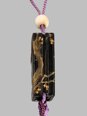 Lot 1412 - AN UNUSUAL LACQUER SAYA (SHEATHE) INRO WITH A HORSE AND CHERRY BLOSSOMS