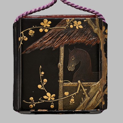 Lot 1412 - AN UNUSUAL LACQUER SAYA (SHEATHE) INRO WITH A HORSE AND CHERRY BLOSSOMS