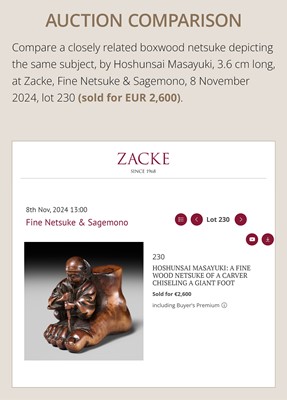 Lot 417 - HOSHUNSAI MASAYUKI: A RARE EBONY WOOD NETSUKE OF A CARVER CHISELING A GIANT FOOT