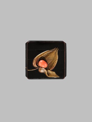 Lot 1426 - AN INLAID THREE-CASE LACQUER INRO WITH HOZUKI (WINTER CHERRIES)
