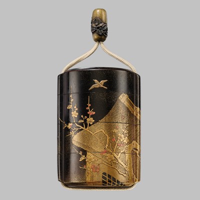 Lot 246 - A FINE THREE-CASE TOGIDASHI LACQUER INRO WITH BIRDS FLYING OVER A HUT