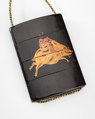 Lot 1398 - AN EARLY AND FINE THREE-CASE LACQUER INRO WITH SHOKI CHASING ONI