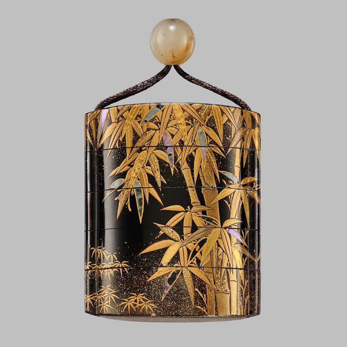 Lot 1402 - A FINE AOGAI-INLAID FOUR-CASE LACQUER INRO WITH LEAFY BAMBOO