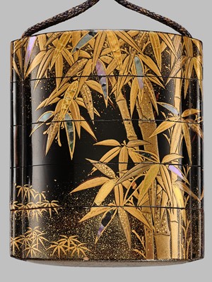 Lot 1402 - A FINE AOGAI-INLAID FOUR-CASE LACQUER INRO WITH LEAFY BAMBOO