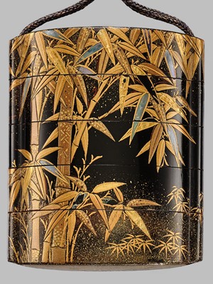 Lot 1402 - A FINE AOGAI-INLAID FOUR-CASE LACQUER INRO WITH LEAFY BAMBOO