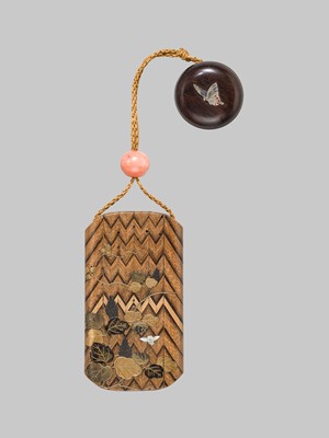 Lot 52 - KOSHIN: A RARE LACQUERED BAMBOO AND MARQUETRY INRO