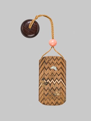 Lot 52 - KOSHIN: A RARE LACQUERED BAMBOO AND MARQUETRY INRO