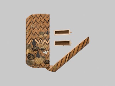 Lot 52 - KOSHIN: A RARE LACQUERED BAMBOO AND MARQUETRY INRO