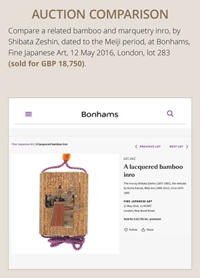 Lot 52 - KOSHIN: A RARE LACQUERED BAMBOO AND MARQUETRY INRO
