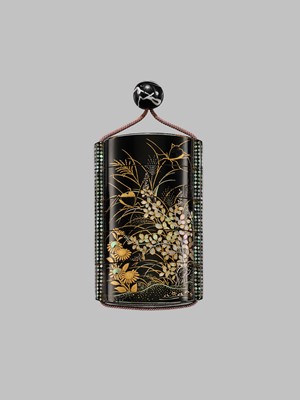Lot 1429 - A SOMADA STYLE FOUR-CASE LACQUER INRO WITH AUTUMN GRASSES, AFTER A DESIGN BY KANO TSUNENOBU (1636-1713)