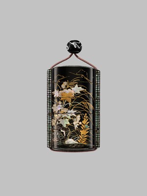 Lot 1429 - A SOMADA STYLE FOUR-CASE LACQUER INRO WITH AUTUMN GRASSES, AFTER A DESIGN BY KANO TSUNENOBU (1636-1713)