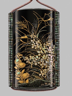 Lot 1429 - A SOMADA STYLE FOUR-CASE LACQUER INRO WITH AUTUMN GRASSES, AFTER A DESIGN BY KANO TSUNENOBU (1636-1713)