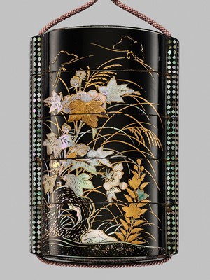 Lot 1429 - A SOMADA STYLE FOUR-CASE LACQUER INRO WITH AUTUMN GRASSES, AFTER A DESIGN BY KANO TSUNENOBU (1636-1713)