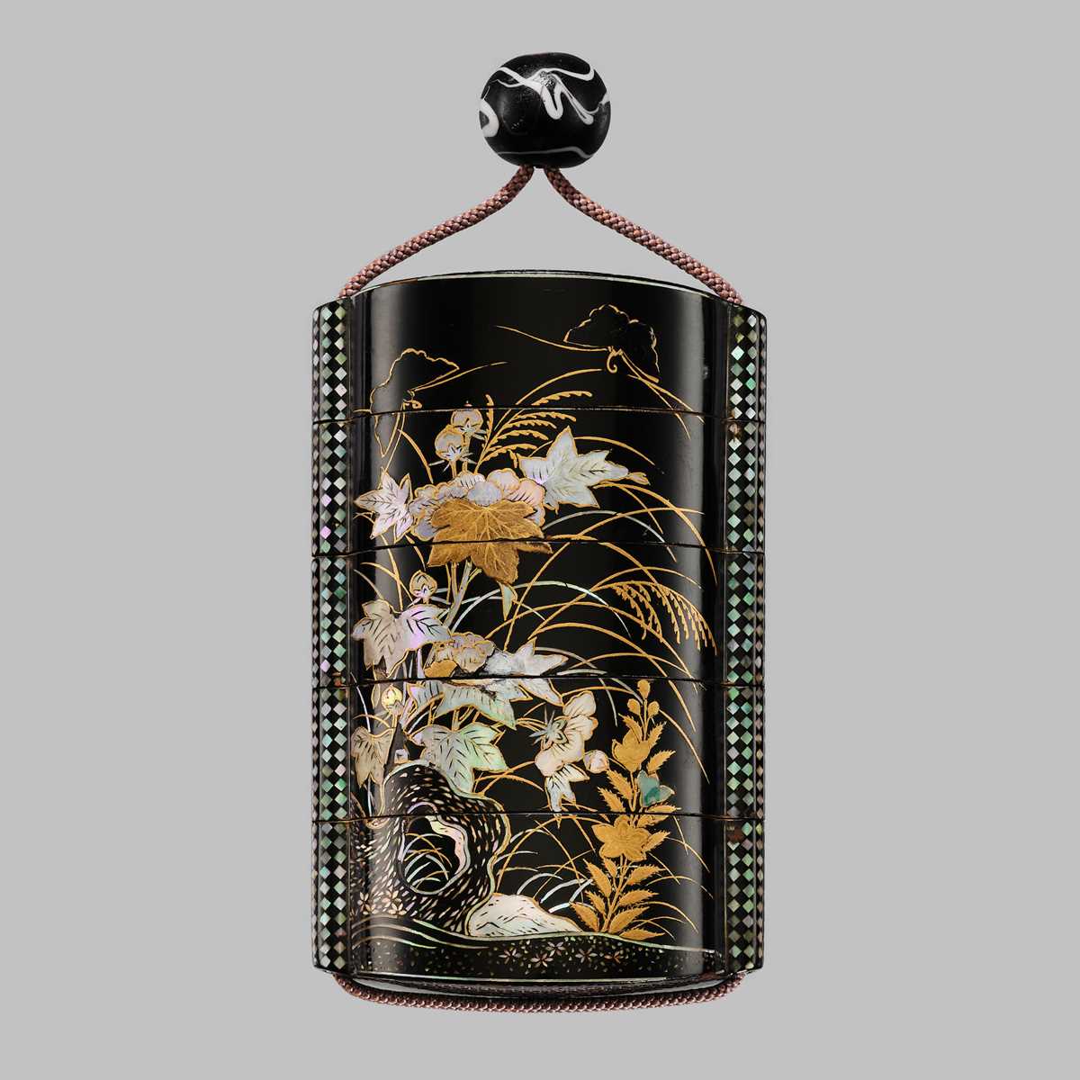 Lot 1429 - A SOMADA STYLE FOUR-CASE LACQUER INRO WITH AUTUMN GRASSES, AFTER A DESIGN BY KANO TSUNENOBU (1636-1713)