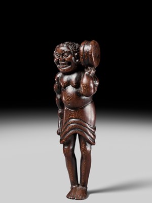 A WOOD NETSUKE OF ASHINAGA WITH A DRUM, ATTRIBUTED TO MINKO