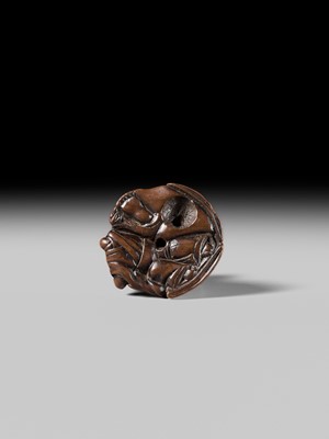 Lot 440 - KOKUZAN: A RARE WOOD NETSUKE DEPICTING A WARRIOR STRUGGLING WITH A YOKAI