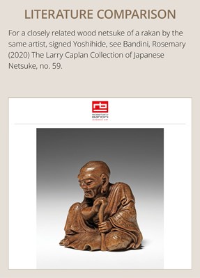 Lot 441 - YOSHIHIDE: A VERY FINE WOOD NETSUKE OF A PRIEST STARTLED BY A TANUKI KETTLE