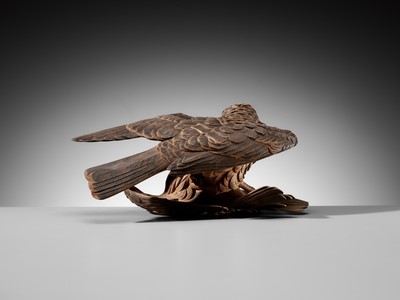 A LARGE WOOD OKIMONO OF TWO QUARRELING SPARROWS