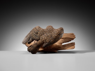 A LARGE WOOD OKIMONO OF TWO QUARRELING SPARROWS